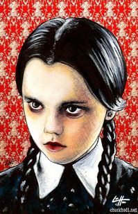 "\"Wednesday Addams\" High quality 11x17\" print from an original drawing. Printed at 2400 dpi, Cardstock I do not print these from home, I go to a professional printer. Watermark not on print. The original is created with ink and pastels on wallpaper background."