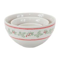 Make your holiday decorating come alive with this set of three Mistletoe Bowls! Featuring a white finish with red accents, these stoneware bowls are adorned with a beautiful painted mistletoe & pine branch design. The traditional holiday decor will bring joy to any house and make your guests feel welcome. Add a touch of cheer to the holidays and get your set of Mistletoe Bowls today! Measures 3.5 x 3.5 x 2; 5 x 5 x 2.75; 6.75 x 6.75 x 3.75" Primary Materials: Stoneware Recommended for indoor use only