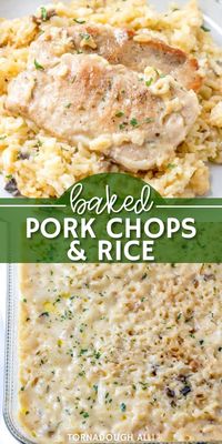 Easy and flavorful, this Baked Pork Chops and Rice recipe from Tornadough Alli is a fork-tender, filling dinner recipe that the whole family will enjoy. This simple recipe is loaded with great flavor and herbs, and it's perfect for a comfort food family dinner on busy weeknights! Make it for lunch or dinner!