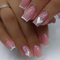 24pcs Press On Nails Long Square White French With White Love Design Stripe Glossy