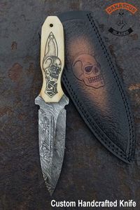 Damascus Steel Custom Boot Knife with Leather Sheath Handcrafted boot knife featuring a full-tang Damascus steel blade (1095 & 15N20) with a 4 mm thickness and 58 HRC hardness. The camel bone handle is engraved with a unique symbol, giving this 10" knife (5" blade, 5" handle) a personalized touch. Comes with a genuine cowhide leather sheath. Ideal gift with free shipping!