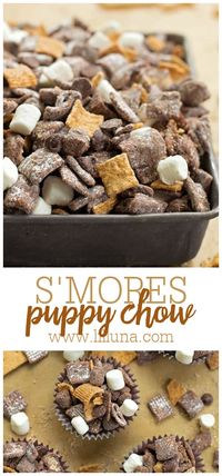 S'mores Puppy Chow is filled with chocolate, chex cereal, golden grahams and marshmallows. It's easily one of the best grab and go treats! #smorespuppychow #puppychow #puppychowrecipe #smores #desserts