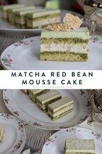 Matcha Red Bean Mousse Cake. Recipe features matcha cake layered with matcha mousse and red bean mousse. Perfect little treats for afternoon tea or Mother's Day. #matcha #matchacake #matcharedbean