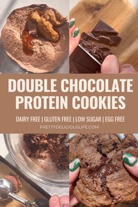 These Double Chocolate Protein Cookies are one of my recipes that went absolutely viral on social media – and for good reason, they’re the best protein cookies! This recipe is gluten free, flourless, egg free & dairy free and is made with wholesome, real food ingredients. I use only the highest quality 3 ingredient protein powder which gives these cookies their irresistible texture. This recipe makes about 3 large cookies with around 24 g protein per cookie!