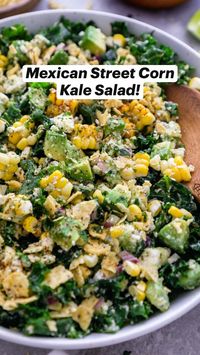 Massaged kale, fresh corn, cotija cheese, onion & avocado all tossed in a creamy cilantro lime dressing & topped with crushed tortilla chips! This Mexican street corn kale salad is always a hit & the perfect summer side dish! #Zero-WasteSaladIdeas