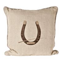 Horse Shoe Pillow 20" x 6" x 20" 95/5% Feather Down Fill Hidden Zipper in Back Available in Mixed Natural Linen    There are conflicting thoughts about how a horseshoe should be viewed. An upright open horseshoe is considered good luck, a storage container for good luck floating by. In the reverse position, some believe that good luck will fall out. Others think that a horseshoe hanging down will release its luck to the people around it.