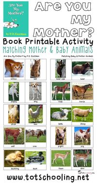 Free printable book activity for toddlers and preschoolers based on the book Are You My Mother? where the child matches 10 different baby & mother animal pairs. Great activity for Mother's Day!