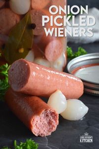 The easy to do recipe combines the flavour of the classic highway gas station pickled wieners with the bright, tart and sweet flavour of jarred pickled onions. Keep a jar in your fridge at all times for a quick snack or an easy lunch served with cheese and crackers! #pickled #wieners #cocktail #onions #pickledwieners