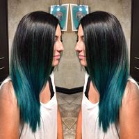 Courtney is amazing when it comes to special effects color. Black to teal ombre! #specialeffects #ombre #fishbowl #tealhair