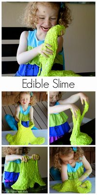 {New Recipe} All-Natural EDIBLE Slime!  No cook recipe that's ready in less than 5 minutes.  Feels and acts just like traditional slimes without any chemicals!  From Fun at Home with Kids