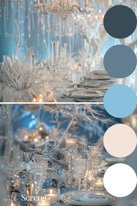 A glamorous and sophisticated wedding style, featuring cool and icy colors reminiscent of a snowy landscape, such as silver, white, crystal, and hints of pale blue. The overall vibe is luxurious and enchanting, with a touch of Art Deco elegance.    Winter Wedding Aesthetic |  Winter Wedding Decor | Winter Wedding Ideas |  Winter Wedding Theme  | Winter Wedding Color Palette