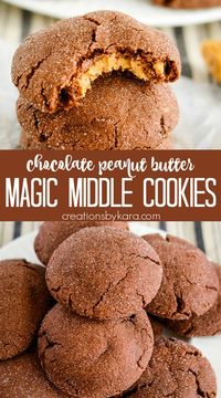 Chocolate peanut butter MAGIC MIDDLE COOKIES. Soft chocolate cookies with a sweet creamy peanut butter filling. Like a peanut butter cup but in cookie form! #magicmiddlecookies #chocolatepeanutbuttercookies #peanutbutterfilledcookies @Creations by Kara