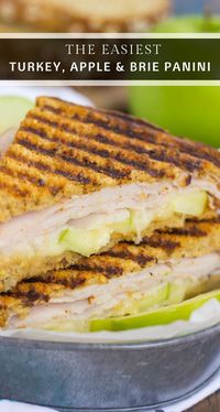 This Turkey, Apple and Brie Panini is the perfect fall-inspired sandwich. It's packed with fresh turkey, granny smith apples, creamy brie cheese and then toasted until golden. Simple, fast, and bursting with flavor, this sweet and savory combo makes a delicious lunch or dinner! #panini #turkeypanini #sandwich #sandwichrecipe #paninirecipe #lunch #dinner