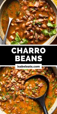 Charro Beans (Frijoles Charros) are Mexican cowboy beans simmered in a flavorful broth made from bacon, ham, onions, garlic, peppers, tomatoes, and delicious spices. They make a delicious meal when served with some flour tortillas for dipping, or a great side dish to accompany Mexican rice and various meats.