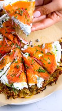 Ingredients:  • 2-3 large yukon gold potatoes.  • 1 tbsp melted butter.  • 1 tbsp olive oil.  • Salt and pepper to taste.  • labneh or créme fraîche to taste.  • smoked salmon to taste.  • Capers to taste.  • chives to taste.  • dill to taste.  • Black pepper.  • red onion to taste.  Directions:  1.-Add more olive oil and butter to a preheated cast iron.  2.-Gently press it with the spatula but don't over press so they’re still a bit fluffy.  3.- Cook for about 12-15 min per side on medium/high or until golden brown. Top it with the labneh, chives, dill, salmon, capers, olive oil & pepper.