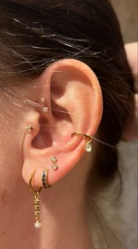 My ear curation with double forward helix, tragus, conch ring, lobes and stacked lobes