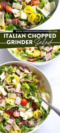 This hearty Italian Chopped Grinder Salad Recipe is the perfect high protein, no-cook lunch or dinner.  With crunchy lettuce, fresh tomatoes and cucumbers, nitrate-free genoa salami, and a homemade Italian vinaigrette, this chopped salad tastes like your favorite Italian deli sandwich without the hoagie roll. 