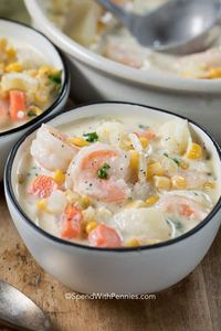 Seafood Chowder is easy to make for a quick weeknight meal! Loaded with potatoes, corn, carrots and shrimp, fish & scallops! #spendwithpennies #creamysoup #chowder #seafood #seafoodsoup #seafoodrecipe #seafoodchowder #cornchowder #shrimpchowder #clamchowder