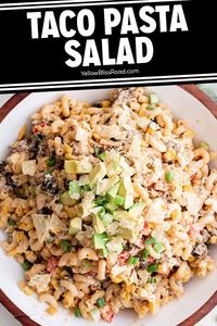 Taco Pasta Salad is filled with macaroni, ground beef, and a creamy dressing. So yummy, filling and perfect for feeding a crowd!