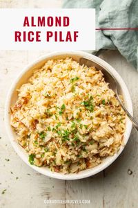 This almond rice pilaf is such a simple side dish, but it's absolutely delicious! Made with just a handful of ingredients and ready in about thirty-five minutes, it's perfect for everything from holiday dinners to busy weeknights.