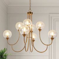 Chic and stylish, this large 8-light modern chandelier provides ample lighting source while creating a focal point in your space. In two-dimensional two tiers, this modern chandelier is whimsically designed with curving arms that confidently extend upward and hold round glass shades, showcasing a dreaming and elegant profile. The warming lighting from eight type B max 40W bulbs (not included) goes through the cracked glass, sparkling a delightful visual interest. Sufficient lighting sources and