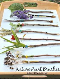 How to make and paint with nature paint brushes. A simple outdoor spring/ summer activity for toddlers, preschoolers, eyfs and older kids. Fun process art. Stick craft.