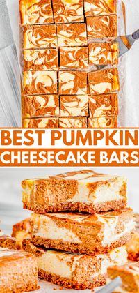 Pumpkin Cheesecake Bars — Classic cheesecake bars get an autumnal makeover in this recipe! A spiced pumpkin mixture is swirled into creamy cheesecake batter before being baked. Sweet, pumpkin spiced, CREAMY bars with a graham cracker crust for fabulous texture! PERFECT for fall gatherings or Thanksgiving!