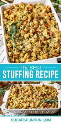 This classic stuffing recipe combines seasonal herbs (fresh or dried) with buttery bread cubes and chopped veggies. It's a traditional Thanksgiving side dish that's almost as famous as the turkey! Vegetarian and make-ahead friendly!