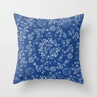 Botanicals in a circles. ferns, garden, leaf, botanic, blue, boho, blue-white, indigo, navy. Throw Pillow