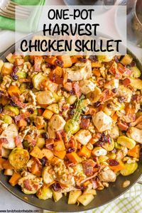 One-pot easy harvest chicken skillet with sweet potatoes and Brussels sprouts is a beautiful and delicious recipe that’s perfect for a fall dinner! #onepot #chicken #easydinner #chickendinner #chickenrecipes