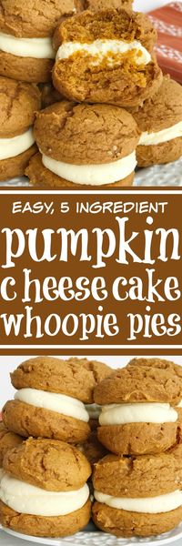 You only need 5 ingredients for the best pumpkin dessert of Fall; pumpkin cheesecake whoopie pies. Fluffy & sweet cheesecake whipped cream in between two soft pumpkin cookies. Not only are these so easy but they will disappear just as fast | togetherasfamily.com