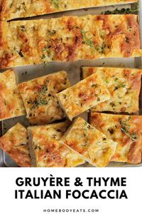 I'm obsessed with this Italian focaccia bread that's topped with gruyere and thyme. First off, I love cheesy focaccia! It gives the Italian bread such amazing flavor. The fresh thyme add a perfect touch of flavor. I'll be making this recipe for our Thanksgiving dinner as a homemade bread side dish. I think everyone is really going to enjoy the authentic Italian focaccia, especially after our trip to Italy last summer.