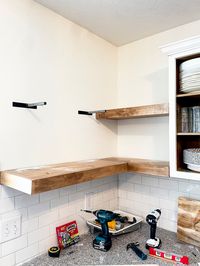 Learn how to make DIY floating kitchen shelves! This beginner tutorial teaches you how to make a single shelf or floating corner shelves for less! #fromhousetohaven #floatingshelves #DIYshelves #DIYhome #openshelving #DIYfloatingshelf