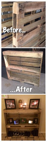 Pallet entry table. Reclaimed and up cycled! Pallet project, pallet wood, rustic shoe rack | DIY Ideas