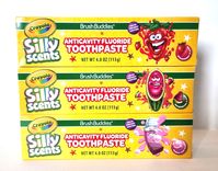 Brush Buddies Crayola Silly Scents Anticavity Fluoride Toothpaste 4 oz. each.  Strawberry, Bubble Gum, and Watermelon flavors. Brand New Super Fast FREE Shipping