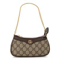 This is an authentic GUCCI GG Supreme Monogram Textured Dollar Calfskin Mini Ophidia Chain Bag in Beige, Ebony, and New Acero. This chic shoulder bag is finely crafted of brown on beige Gucci monogram-coated canvas. The bag features brown leather trim and polished gold hardware. The top zipper opens the bag to a beige microfiber interior with a card slot.