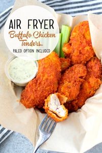 These air fryer buffalo chicken strips are just like the real thing only so much healthier! #airfryerrecipes #buffalochicken