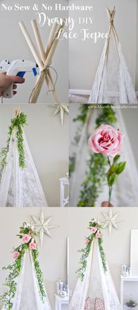 Check out the dreamiest lace DIY teepee you can make with no sewing and no hardware! These Tee Pees would make lovely decor for a woodland, tribal, native themed birthday party or baby shower. | DIY party decor |