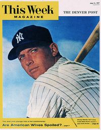 Mickey Mantle in a batting stance is featured on the cover of This Week magazine published on July 21 1957 in New York City