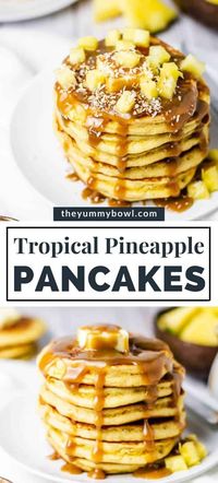 These pancakes are fluffy, sweet, and with a hint of tropical flavors like pineapple and coconut. Drizzled with Coconut Caramel Sauce will become a hit in your family. Kid’s favorite! Gluten free + Dairy Free.