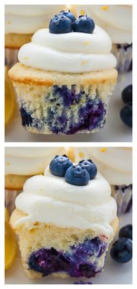 My favorite Lemon Blueberry Cupcakes! Topped with homemade Lemon Cream Cheese Frosting and Fresh Blueberries, they're simply irresistible. #lemon #blueberry #cupcakes #dessertrecipes #blueberrycupcakes #lemoncupcakes #fruit