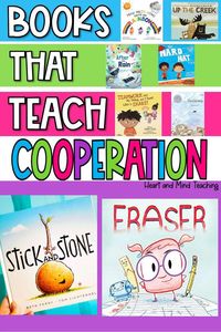 Looking for books that teach cooperation skills to kids? This list of elementary level books on cooperation will help build your classroom library. They discuss working together, teamwork, cooperating, and sharing. #selbooks #counselingbooks