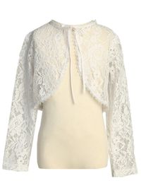 Gorgeous bolero for your sweet girl by Lito. Elegant long sleeve lace bolero with ribbon tie comes in white. Perfect for birthday parties , First Communion , Flower Girl , pageant or any special occasion.