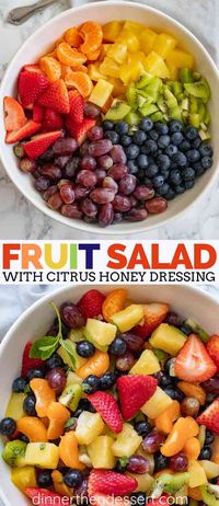 Easy Fruit Salad is the PERFECT dessert, with a combo of berries, citrus fruit, kiwi, and grapes in a sweet sauce made from juice and honey and topped with fresh mint leaves. #fruit #fruitsalad #salad #dessert #healthy #dressing #fresh #summer #berry #dinnerthendessert