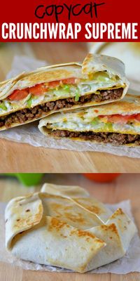 Crunchwrap Supremes are loaded with seasoned ground beef, nacho cheese, sour cream, lettuce and tomato all wrapped inside a large flour tortilla. There is a corn tortilla hidden inside that gives it that crunch we all love!