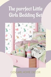 Decorate your toddler girl bedroom with this gorgeous modern bedding set with cute kitty cats. Any cat lover will adore this! Whether it be a small girls room, shared room or apartment bedroom, our decorating ideas, bedding sets with pillow case, decoartive pillows, blankets and matching wallpaper will bring your bedroom color scheme to life. Our original designs are guaranteed to make you smile. Put a smile on your little girl's face today. Shop Now: https://etsy.me/3iby0be