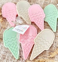 With each order, you receive the most elegant ice cream shaped soaps, a must-have for all parties! 🍦💖 Our soaps are ethically made, with ingredients that are all non-GMO, and include sustainable palm. Each soap comes individually packed in its own clear bag, and each bag has a custom tag attached on it. The soaps come in just as pictured, ready to be gifted! So you can see the joy on others' face right away!😊 The soaps are hand-made by us, my twin girls and I, at our small studio in NJ 🌟🎈 I