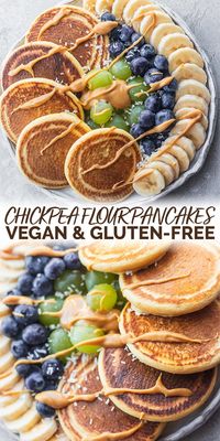 These chickpea flour pancakes are light, fluffy and incredibly yummy served with maple syrup and peanut butter. They are perfect for a weekend breakfast or brunch. Vegan, oil-free and gluten-free. #veganrecipes #veganpancakes #veganbreakfast #pancakes #glutenfreevegan