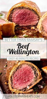 Whether it's a special anniversary meal or you are just serving Sunday dinner to you family or guests, Beef Wellington is always the much-anticipated star of the table! My easy Beef Wellington recipe is so simple to make and ready in about an hour. It's perfect for holidays like Christmas and Easter, as well as weekend family dinners! #beef #tenderloin #beefwellington #gordonramsay #best #dinner #holiday #Christmas #Easter #puffpastry #duxelles #mushrooms