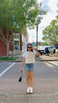 summer outfit inspo, baby tee, denim mini skirt, sambas, sunglasses, oufit, outfit inspo